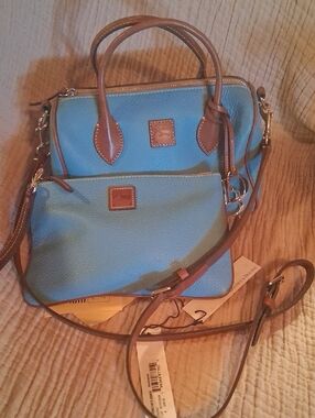 Dooney & Bourke Sky Blue Pebble Leather Satchel with Tan Trim and Wristlet